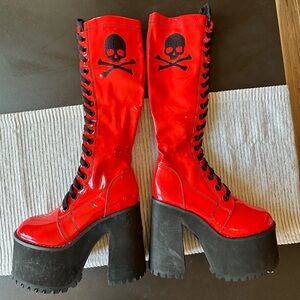 Dolls Kill Red Patent Lace-Up Platform Knee-High Boots with Black Skull